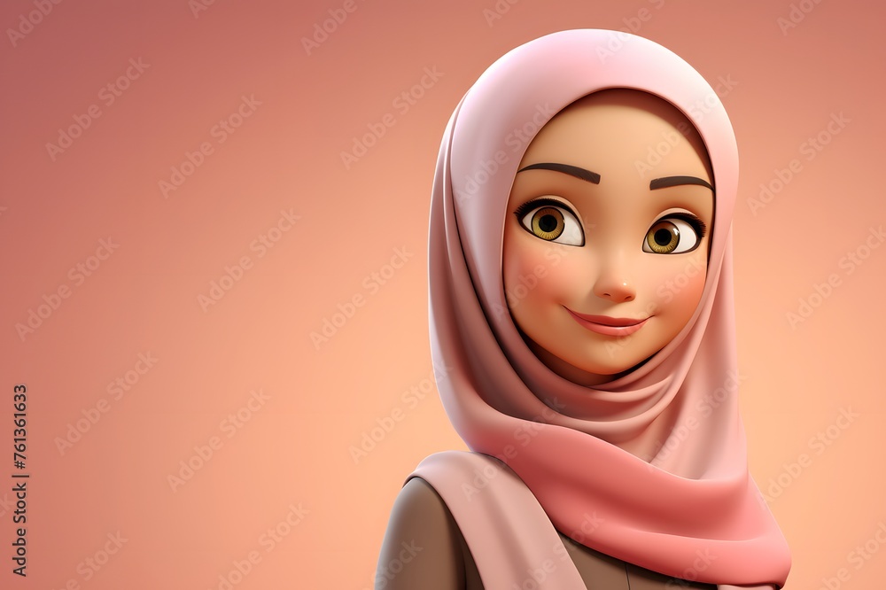 Smiling 3D Malay Woman in Hijab Against Pink Background