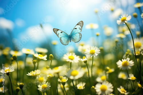 Butterfly is flying over field of yellow flowers