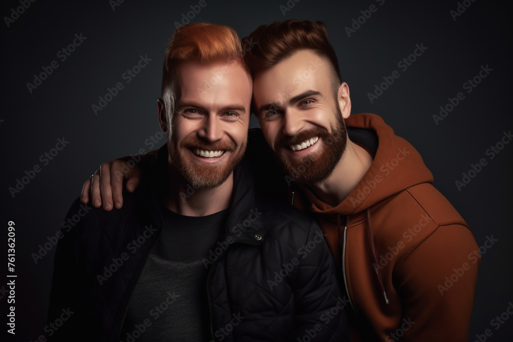 Obraz premium Gay couple portrait in LGBTQ rainbow flag colors. Pride Month concept.