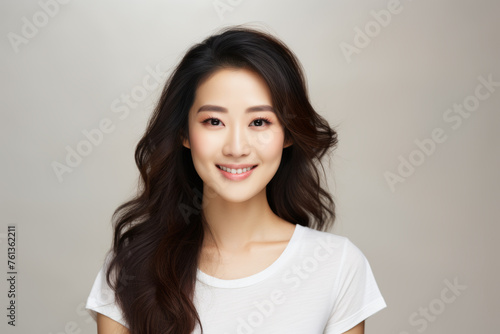 Woman with long hair and white shirt is smiling