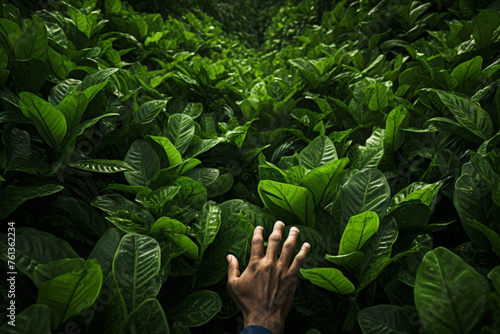 Hand is reaching through dense green forest