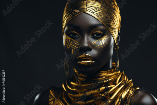 Woman with gold face paint and gold head scarf