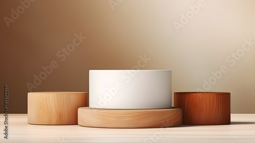 Modern Wooden and White Cylinder Pedestals on Neutral Background