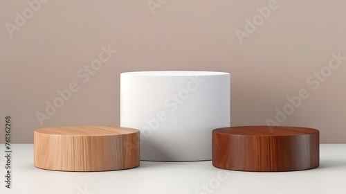 Modern Wooden and White Cylinder Pedestals on Neutral Background