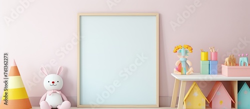 A peachcolored rectangular picture frame made of wood is displayed on a table in a childs room, surrounded by toys and furry tails. The room is filled with painted art from a recent event © 2rogan