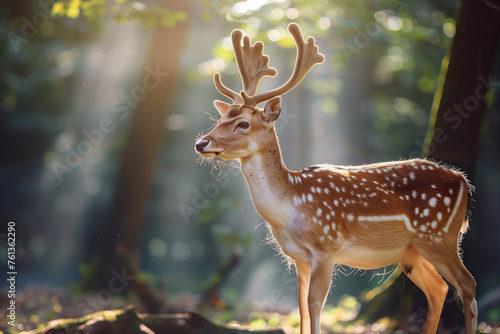 Side view of a spotted fallow deer in a sunlit forest, ideal for nature themes. photo