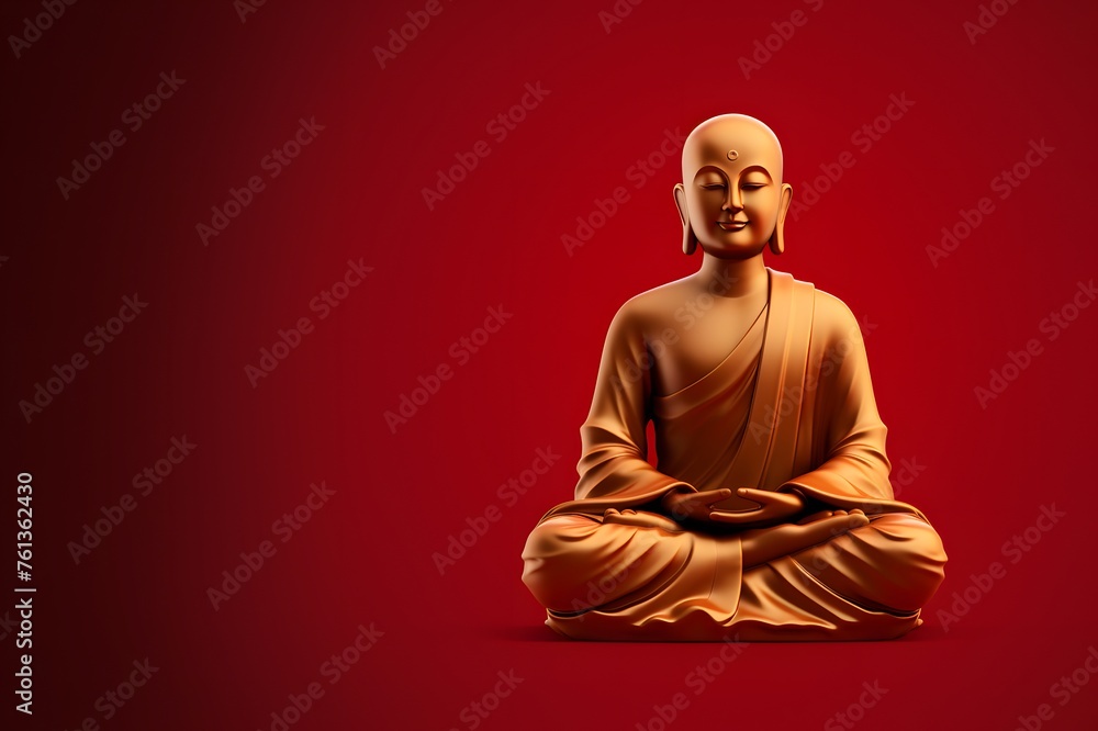 Serene Golden Buddha Statue in Meditation Pose Against Red Backdrop Serene Golden Buddha Statue in Meditation Pose Against Red Backdrop