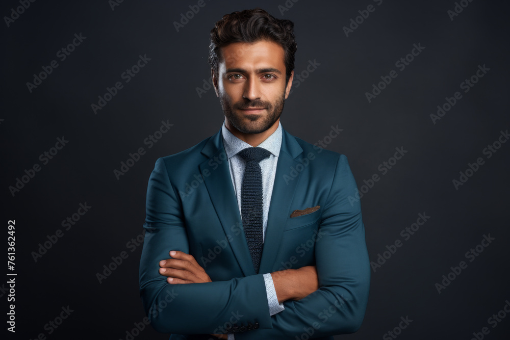 Man in suit and tie is standing in front of dark background Man in suit and tie is standing in front of dark background