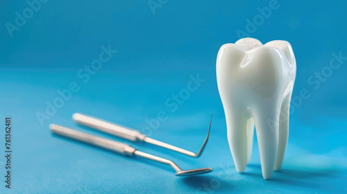 Toothbrush and pair of dental picks are on blue background