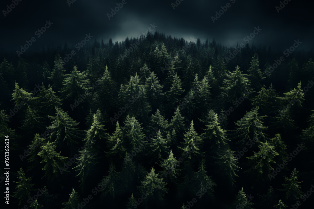 Forest of trees is shown in dark, moody atmosphere