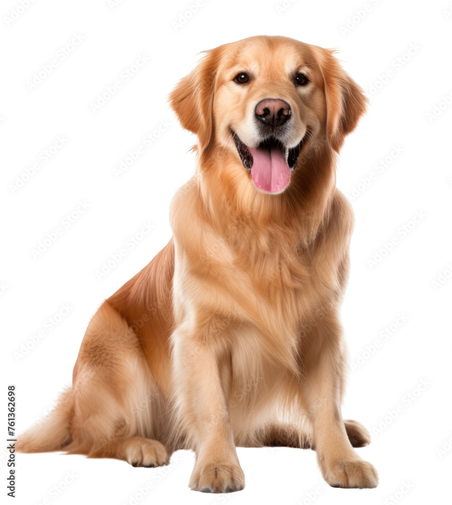 A golden retriever is sitting on a white background. The dog has a pink tongue and is looking at the camera