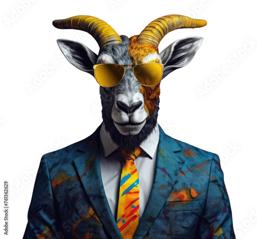 A goat wearing sunglasses and a tie. The goat is wearing a suit and tie, and it is posing for a photo. The goat's outfit is a mix of formal and casual elements, which creates a unique