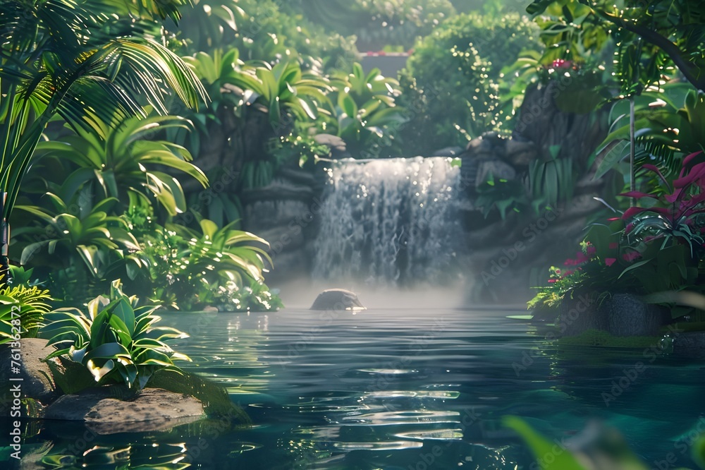 Tropical Waterfall Paradise: A lush tropical waterfall surrounded by vibrant greenery, creating a serene and paradisiacal atmosphere.

 - obrazy, fototapety, plakaty 