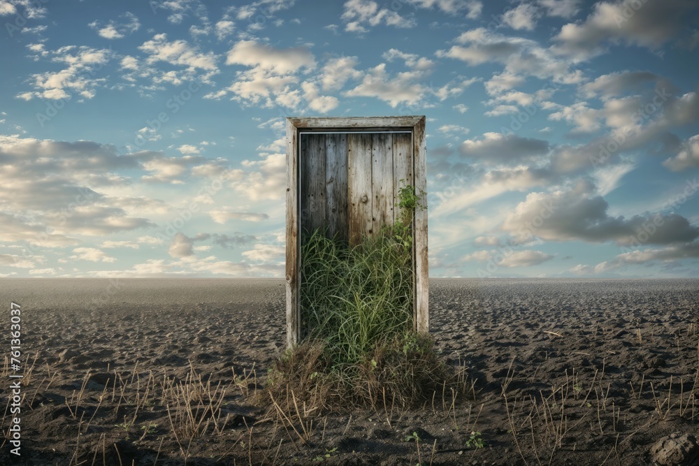 Surreal wooden door standing alone on barren landscape