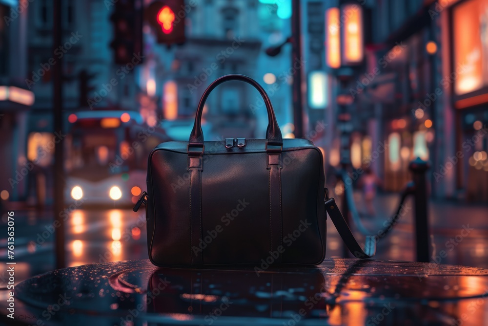 Stylish leather briefcase stands out on a wet urban street, illuminated by neon lights and bokeh - obrazy, fototapety, plakaty 