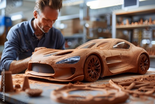 Skilled male artisan meticulously shapes an intricate clay model of a sports car in a workshop