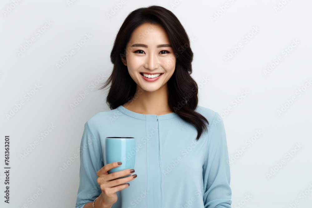 Woman is smiling and holding blue cup Woman is smiling and holding blue cup