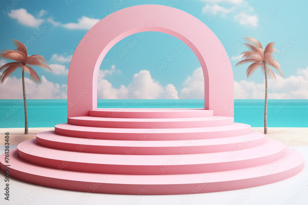 Pink archway with beach scene in background
