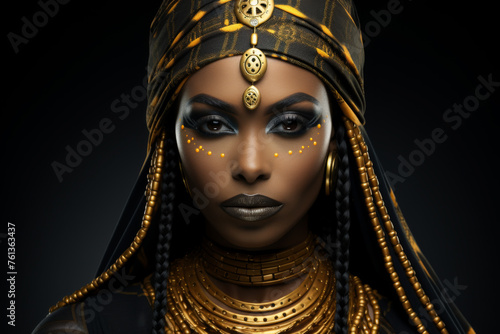 Woman with gold jewelry and gold headpiece