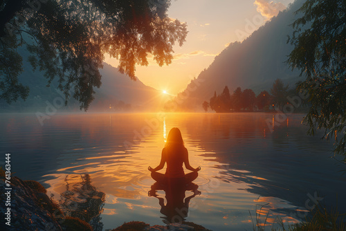 A peaceful lakeside yoga session at dawn, harmonizing body and mind with the soothing sounds of nature. Concept of holistic well-being and relaxation. Generative Ai.