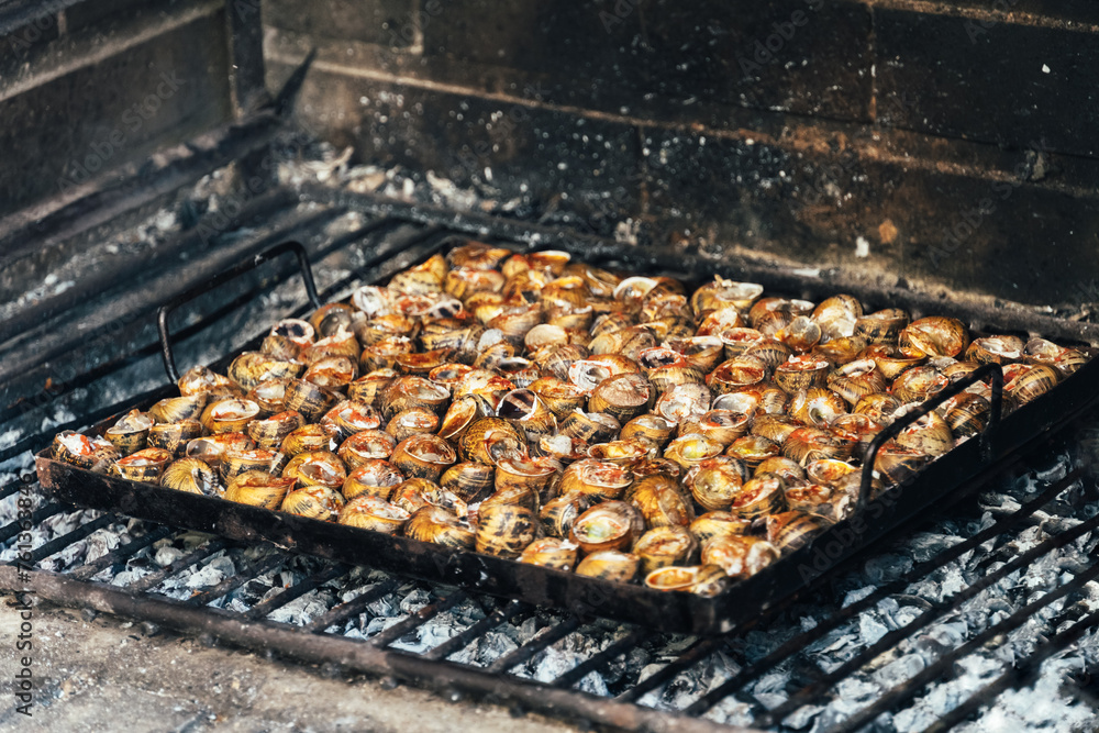 A tray full of snails is being grilled over a bed of hot coals, seasoned with pepper a typical and traditional Spanish delicacy, prepared outdoors.