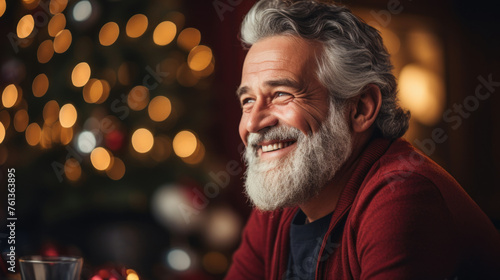 A bearded man's heartfelt laughter fills the room, surrounded by the soft glow of Christmas lights, embodying the spirit of the season.
