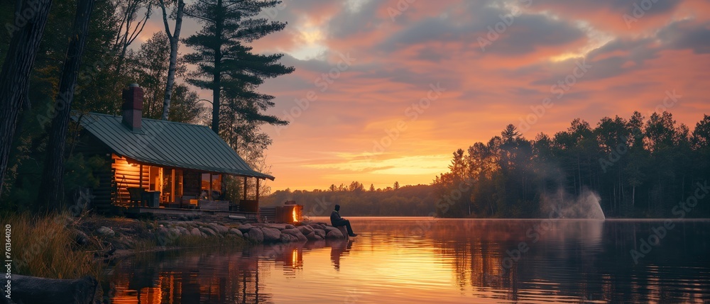 Fototapeta premium cabin by a tranquil lake at dawn, with the sun rising over pristine mountains, embodies the ideal escape into nature's serene beauty