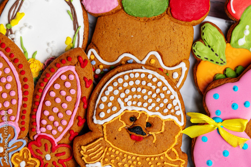 Easter gingerbread cookie on wooden table. Cookies for Easter