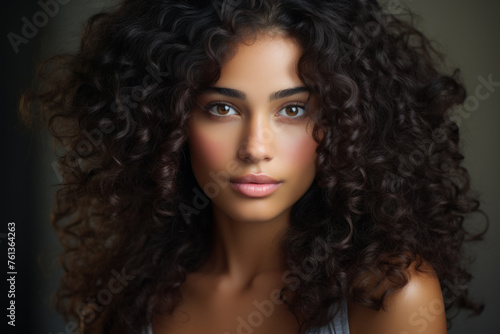 Woman with curly hair is smiling at camera
