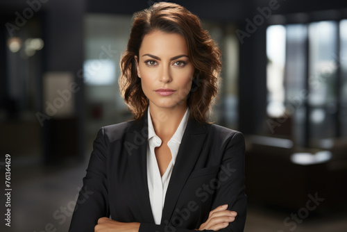 Woman in business suit is standing in room with her arms crossed