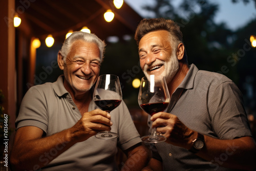 Two men are sitting at table, holding wine glasses and smiling