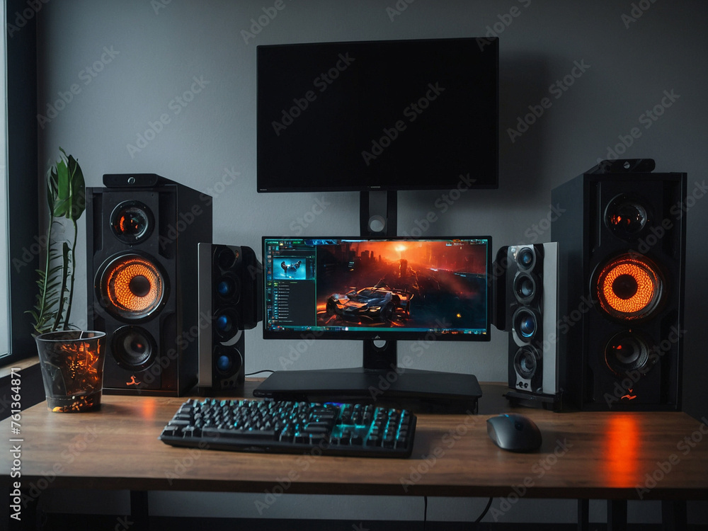 Modern game room with a computer desktop and a monitor - a programmer's workplace Modern game room with a computer desktop and a monitor - a programmer's workplace