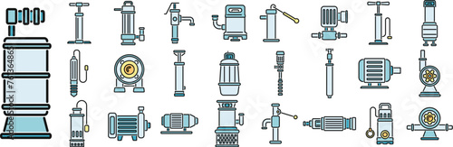 Pump icons set outline vector. Water tank. Station system thin line color flat isolated
