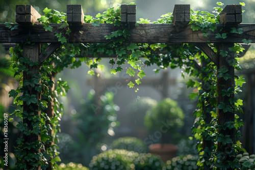 A wooden trellis adorned with climbing vines, showcasing the harmonious union of structure and organic growth. Concept of supporting plant development. Generative Ai.