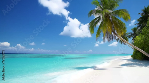 Palm Trees Over Tropical Lagoon With White Beach In Maldives. Summer background.