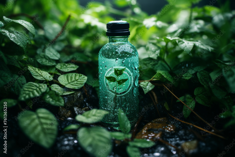 Bottle of green liquid is sitting on leafy green bush Bottle of green liquid is sitting on leafy green bush