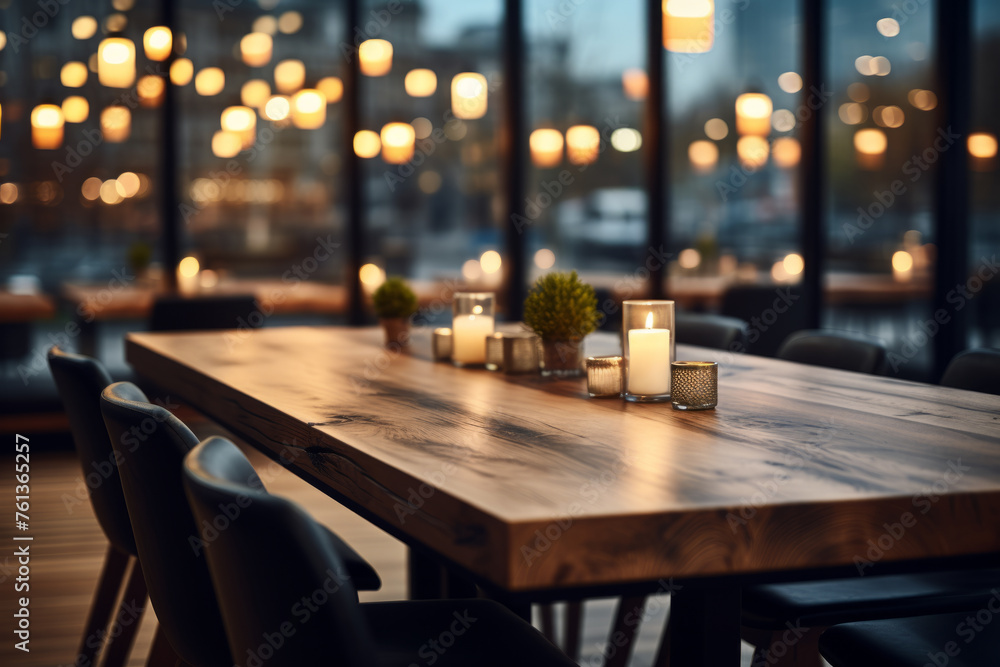 Wooden dining table with candles and potted plants on it Wooden dining table with candles and potted plants on it