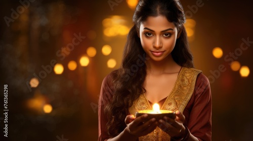Indian Young Woman Holding Illuminated Oil Lamp (Diya) in Traditional Dress on the Occasion of Indian Festival