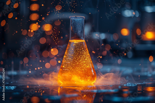 A glass beaker filled with bubbling chemicals  exemplifying the dynamic reactions in a chemical laboratory. Concept of chemical experimentation. Generative Ai.