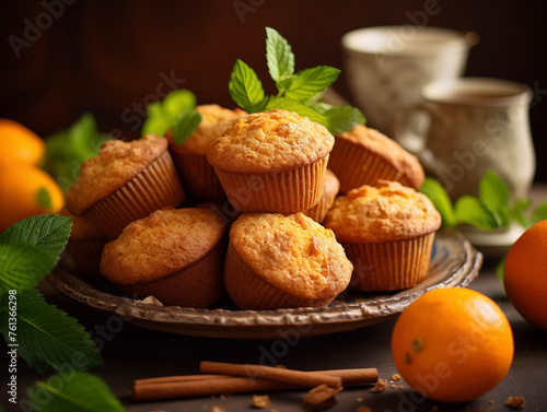 Carrot orange muffin. Sweets and treats background. Homemade cake. Vegan and vegetarian food. Culinary recipe.