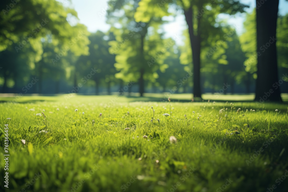 Lush green field with few trees in background