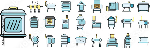 Smokehouse icons set outline vector. Food fish. Meat beef thin line color flat isolated