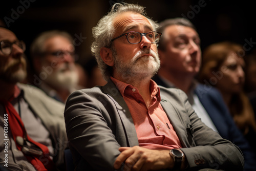 Man with beard and glasses is sitting in room with other people