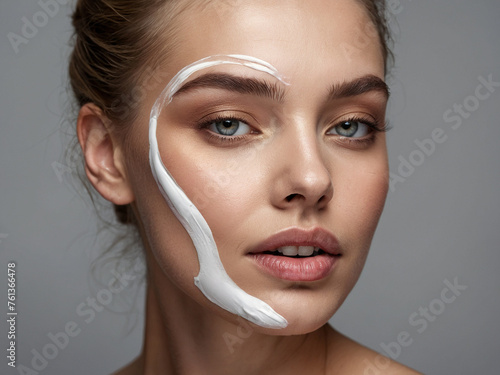 Beauty portrait of a beautiful model with cream on her face Photo skin care and cosmetics