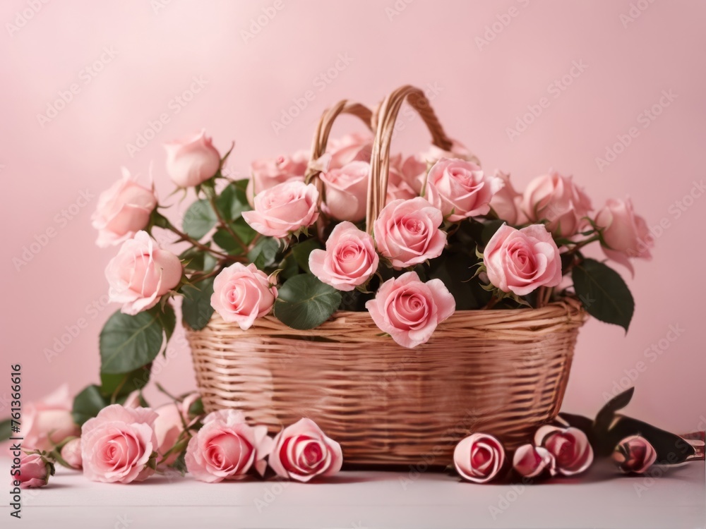 Basket of Pink Roses, Romantic Floral Arrangement Basket of Pink Roses, Romantic Floral Arrangement