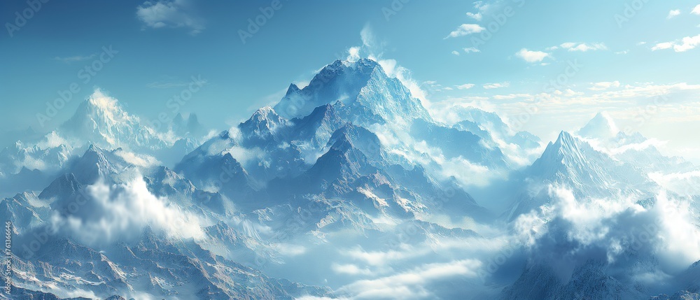 Obraz premium panoramic view of towering mountains under the glow of sunrise, showcasing the beauty of the natural world and the spirit of outdoor adventure