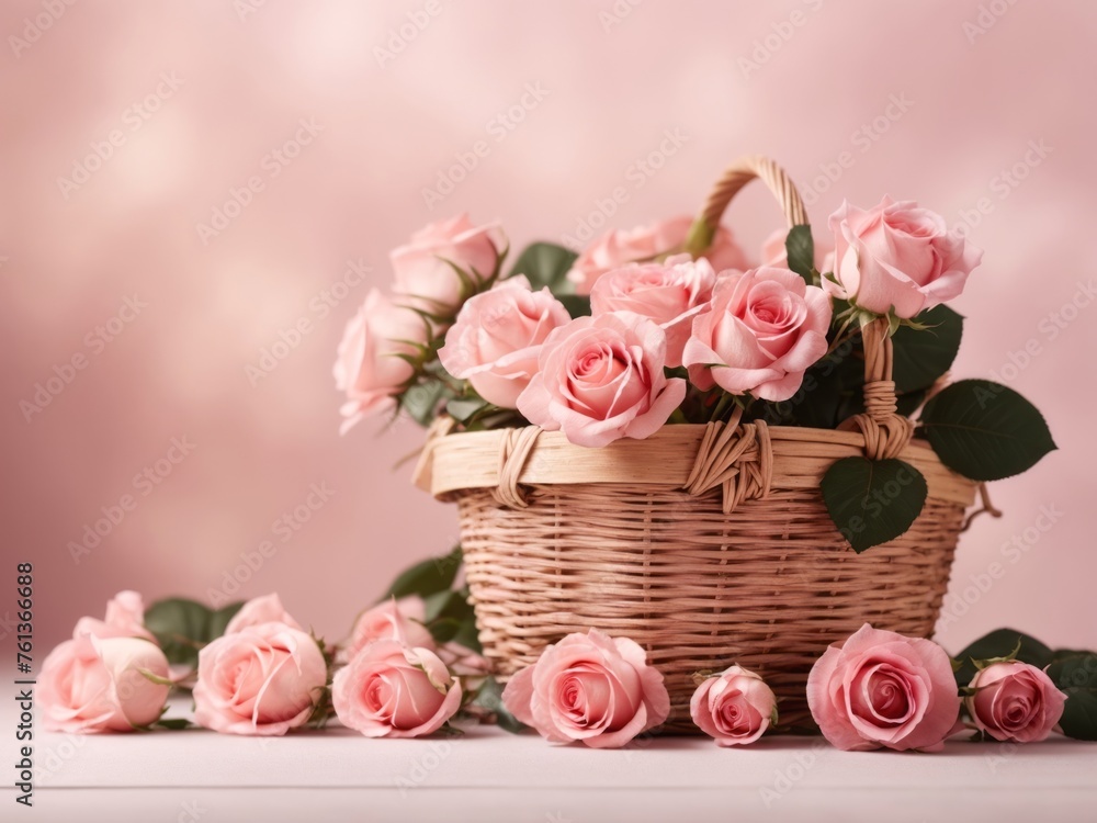 Basket of Pink Roses, Romantic Floral Arrangement Basket of Pink Roses, Romantic Floral Arrangement
