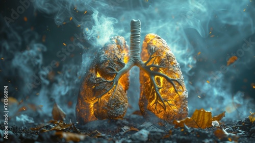 Unhealthy, sick lungs with poor air quality. Human lungs and bronchial cells in smoke photo