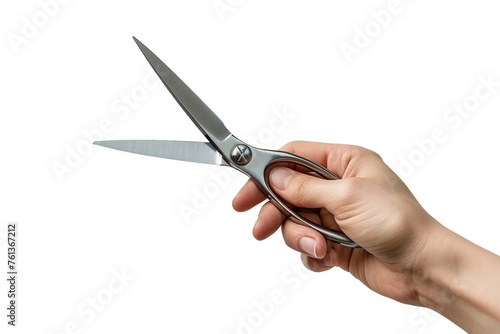 A hand holding a pair of scissors, isolated on transparent background, png file
