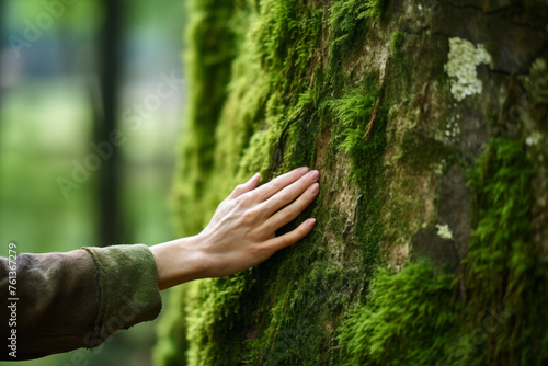 Hand is touching mossy tree